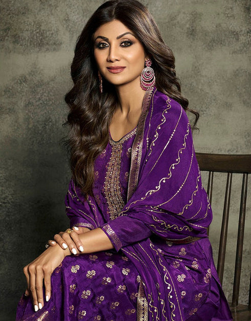 Heavy Designer Wedding Wear Jacquard Silk Salwar Suit Voilet Jacquard Silk Pant Straight Close-up View